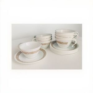 Set of 8 Corelle Woodland Brown Coffee Cups Saucers Open Handled Vintage Corning